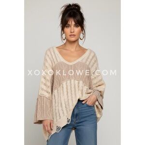 POL Beige Open Knit Sweater | Oversized V Neck Textured
